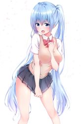 Rule 34 | 1girl, :o, alternate costume, arm between breasts, baretto (karasi07), between breasts, black skirt, blue eyes, blue hair, blush, bow, bowtie, breasts, collared shirt, contrapposto, covering privates, covering crotch, feet out of frame, hatsune miku, highres, leaning forward, legs apart, long hair, medium breasts, miniskirt, open mouth, pleated skirt, red bow, red bowtie, school uniform, shirt, short sleeves, skirt, skirt tug, solo, standing, sweat, sweater vest, twintails, v-shaped eyebrows, very long hair, vocaloid, white shirt