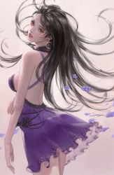 Rule 34 | 1girl, absurdres, bare shoulders, black flower, black hair, black rose, crescent, crescent earrings, dress, earrings, final fantasy, final fantasy vii, final fantasy vii remake, fingernails, flower, highres, jewelry, long hair, looking at viewer, parted lips, petals, pink lips, purple dress, red eyes, rose, signature, single earring, smile, solo, srasa, tifa lockhart, tifa lockhart (refined dress), wind