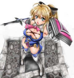 Rule 34 | 1041 (toshikazu), 1girl, ascot, blonde hair, blue eyes, blush, boots, breasts, cassandra alexandra, cleavage, elbow gloves, gloves, hair ribbon, large breasts, necktie, open mouth, pink necktie, ponytail, ribbon, shield, short hair, showgirl skirt, solo, soul calibur, soulcalibur, soulcalibur iv, sword, thigh boots, thighhighs, weapon, white thighhighs