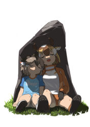 Rule 34 | 2girls, animal ears, bare arms, bare legs, bike shorts, black hair, brown hair, buruma, closed mouth, clothes writing, extra ears, closed eyes, full body, grass, greater roadrunner (kemono friends), grey hair, hair between eyes, hair tubes, head on another&#039;s shoulder, height difference, highres, horns, jacket, kemono friends, kemono friends 2, leaning on person, leaning to the side, light brown hair, long sleeves, multicolored hair, multiple girls, open mouth, pronghorn (kemono friends), rinx, shirt, shoe soles, shoes, short hair, short sleeves, side-by-side, simple background, sitting, sleeping, sportswear, stone, t-shirt, white background, white hair