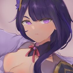 Rule 34 | 1girl, armor, artist name, arushii, beige background, blush, braid, breasts, cleavage, closed mouth, commentary, english commentary, flower, genshin impact, hair ornament, highres, large breasts, long hair, looking at viewer, mole, mole under eye, purple eyes, purple flower, purple hair, raiden shogun, ribbon, shoulder armor, solo