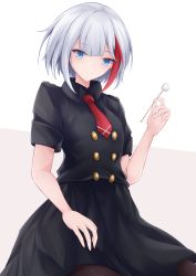 Rule 34 | 1girl, absurdres, admiral graf spee (azur lane), admiral graf spee (girl&#039;s sunday) (azur lane), azur lane, black dress, black pantyhose, blue eyes, buttons, double-breasted, dress, highres, mimikaki, multicolored hair, necktie, official alternate costume, osatou (soul of sugar), pantyhose, red hair, red necktie, short hair, short necktie, short sleeves, solo, streaked hair, two-tone hair, white hair