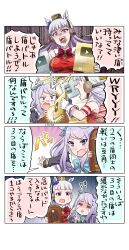 Rule 34 | 2girls, 4koma, = =, absurdres, allitell, aqua bow, aqua bowtie, armband, blunt bangs, bow, bowtie, bright pupils, brown headwear, comic, commentary request, crying, dress, dual wielding, ear bow, frilled sleeves, frills, gloves, gold ship (umamusume), grey hair, headgear, highres, holding, holding shield, long sleeves, mejiro mcqueen (umamusume), multiple girls, outside border, own hands together, pakatube, parted bangs, pillbox hat, ptsd, purple bow, purple eyes, purple hair, red armband, red bow, red bowtie, red dress, shield, shouting, sidelocks, sleeveless, sleeveless dress, sound effects, speech bubble, speed lines, streaming tears, sweatdrop, tears, tongue, tongue out, translation request, umamusume, white gloves, wryyyyyyyyyyyyyyyyyyyy, youtube creator award