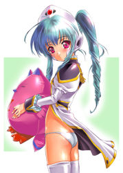 Rule 34 | 00s, 1girl, ahoge, aqua hair, ashishun, ass, blush, butt crack, drill hair, flat chest, galaxy angel, high ponytail, holding, long hair, looking back, lowleg, lowleg panties, normad, open clothes, panties, pink eyes, ponytail, simple background, solo, stuffed animal, stuffed toy, thighhighs, underwear, uniform, vanilla h, white panties, white thighhighs