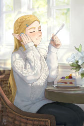 Rule 34 | 1girl, :t, absurdres, aran sweater, black pantyhose, blonde hair, blue nails, blush, braid, cable knit, cake, cake slice, casual, chair, closed eyes, closed mouth, crown braid, day, eating, feet out of frame, flower, food, fork, from side, hair ornament, hairclip, hand on own cheek, hand on own face, hands up, happy, highres, holding, holding fork, icebuko, indoors, long hair, long sleeves, nail polish, nintendo, pantyhose, plate, pointy ears, princess zelda, sitting, sleeves past wrists, solo, sweater, table, the legend of zelda, the legend of zelda: breath of the wild, white flower, white sweater, window