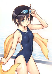 Rule 34 | 1girl, absurdres, black hair, blue eyes, blush, competition swimsuit, covered navel, goggles, goggles on head, gradient background, highres, kuri (kurigohan), one-piece swimsuit, original, parted lips, short hair, smile, solo, standing, striped, striped background, swimsuit, towel, wet
