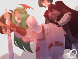 Rule 34 | 1boy, 1girl, arm guards, armor, ass grab, bent over, black gloves, blue hair, blush, breasts, breasts out, byleth (fire emblem), byleth (male) (fire emblem), cape, clenched teeth, commentary, doggystyle, dress, english commentary, fire emblem, fire emblem: three houses, garreg mach monastery uniform, gloves, green eyes, green hair, hetero, highres, holding, holding sword, holding weapon, large breasts, light green hair, long hair, nintendo, nipples, nyantcha, one eye closed, open mouth, pelvic curtain, puffy nipples, rhea (fire emblem), saliva, seiros (fire emblem), seiros shield, sex, sex from behind, side slit, spoilers, sword, sword of seiros, teeth, thick thighs, thighhighs, thighs, vaginal, weapon, white dress
