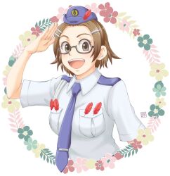 Rule 34 | 1girl, :d, ace attorney, blue headwear, blue necktie, brown eyes, brown hair, feathers, floral background, glasses, hair ornament, hairclip, hand up, hat feather, hiraishi wataru, looking at viewer, maggey byrde, necktie, open mouth, pocket, salute, shirt, short hair, short sleeves, smile, solo, upper body, white background, white shirt