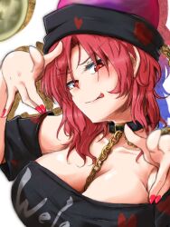 Rule 34 | 1girl, bare shoulders, black choker, black headwear, blush, breasts, chain, choker, cleavage, collar, hand up, hecatia lapislazuli, highres, large breasts, looking at viewer, medium hair, moon (ornament), off-shoulder shirt, off shoulder, oshiaki, puffy short sleeves, puffy sleeves, red eyes, red hair, red nails, shirt, short sleeves, simple background, solo, tongue, tongue out, touhou, underworld (ornament), upper body, wavy hair, white background