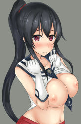 Rule 34 | 10s, 1girl, bad id, bad pixiv id, between breasts, black hair, blush, breasts, gloves, heart, heart-shaped pupils, highres, kantai collection, large breasts, long hair, looking at viewer, navel, necktie, necktie between breasts, nipples, pink eyes, ponytail, skirt, solo, symbol-shaped pupils, terakoya, upper body, white gloves, yahagi (kancolle)