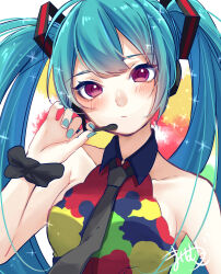 Rule 34 | 1girl, absurdres, adjusting headset, aqua hair, aqua nails, bare arms, bare shoulders, black necktie, black scrunchie, blush, breasts, collarbone, expressionless, hair ornament, hand up, hatsune miku, headphones, headset, highres, holding, holding microphone, long hair, looking at viewer, mai mugi, microphone, multicolored shirt, nail polish, necktie, purple eyes, scrunchie, shirt, signature, sleeveless, sleeveless shirt, small breasts, solo, sparkling aura, tell your world (vocaloid), twintails, upper body, very long hair, vocaloid, wrist scrunchie