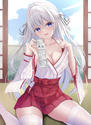 1girl :d bare_shoulders black_ribbon blue_eyes blush breasts cleavage clothes_lift collarbone commentary_request day detached_sleeves eyes_visible_through_hair grey_hair hair_between_eyes hair_ribbon hakama hakama_short_skirt hakama_skirt hanonokusa head_tilt highres holding_ofuda indoors japanese_clothes large_breasts long_hair nontraditional_miko ofuda open_mouth original paid_reward_available red_skirt ribbon ribbon-trimmed_sleeves ribbon_trim sitting skirt smile solo two_side_up very_long_hair white_sleeves wide_sleeves