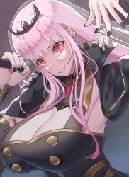 Rule 34 | armpits, black dress, black nails, blunt bangs, breasts, capelet, cleavage, cloak, dress, gem, highres, himeliofon, holding, hololive, hololive english, holomyth, large breasts, long hair, looking at viewer, microphone, mori calliope, nail polish, pink hair, shoulder spikes, solo, spikes, tiara, veil, virtual youtuber
