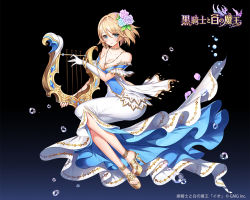Rule 34 | apple caramel, black background, blonde hair, blue dress, blue eyes, blush, breasts, bubble, cleavage, covered navel, dress, flower, full body, gloves, gradient background, hair flower, hair ornament, high heels, instrument, jewelry, kurokishi to shiro no maou, logo, looking at viewer, lyre, medium breasts, mole, mole under eye, music, necklace, official art, playing instrument, short hair, simple background, smile, solo, white dress, white gloves