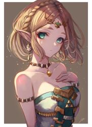 Rule 34 | 1girl, bare shoulders, blonde hair, braid, breasts, cleavage, collarbone, crown braid, dress, earrings, facial mark, green eyes, hand on own chest, highres, jewelry, large breasts, leonmandala, necklace, nintendo, official alternate costume, official alternate hair length, official alternate hairstyle, pointy ears, princess zelda, short hair, signature, solo, strapless, strapless dress, teardrop facial mark, the legend of zelda, the legend of zelda: tears of the kingdom, upper body
