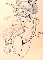 Rule 34 | 1girl, bare legs, barefoot, bow, breasts, commentary request, covered navel, d-m (dii emu), eyelashes, fang, greyscale, hair bow, horns, ibuki suika, long hair, looking at viewer, monochrome, one-piece swimsuit, oni horns, short hair, small breasts, swimsuit, toes, touhou, traditional media