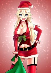 Rule 34 | 1girl, absurdres, bare shoulders, bell, belt, blonde hair, blue eyes, breasts, buttons, christmas, cleavage, collarbone, corset, full body, garter straps, gloves, hair between eyes, hand on own hip, hat, highres, iowa (kancolle), kantai collection, large breasts, long hair, looking at viewer, miniskirt, navel, open mouth, ribbon, santa costume, santa hat, shiny skin, simple background, skirt, sleeveless, smile, solo, standing, star-shaped pupils, star (symbol), stomach, symbol-shaped pupils, the only shoe, thighhighs, unbuttoned, very long hair, vest, wrist cuffs
