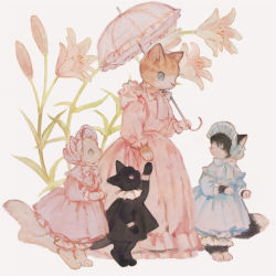 Rule 34 | animal, black cat, blue dress, blue eyes, blue headwear, bonnet, bow, cat, clothed animal, dress, flower, frilled dress, frilled shirt collar, frills, full body, highres, holding, holding umbrella, kitten, lily (flower), long sleeves, no humans, original, pink dress, pink headwear, pink umbrella, reaching, shirt, simple background, standing, tabby cat, tono (rt0no), umbrella, white cat