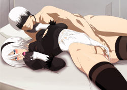 Rule 34 | 1girl, bed, blue eyes, breasts, censored, fingering, game cg, hetero, highres, leotard, lime (purple haze), lying, moaning, nier (series), nier:automata, nude, on bed, partially visible vulva, pussy, pussy juice, shiny skin, short hair, silver hair, smile, sweat, 2b (nier:automata), 9s (nier:automata)