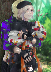 Rule 34 | absurdres, beret, black bodysuit, blonde hair, bodysuit, camouflage, camouflage jacket, censored, emienvee2811, forest, grabbing, grabbing from behind, hat, heart, heart-shaped pupils, highres, jacket, purple eyes, multicolored hair, nature, purple hair, purple shirt, rook hunt, shirt, symbol-shaped pupils, thigh strap, thighs, tree, twisted wonderland, two-tone hair, vil schoenheit, white shirt, yaoi