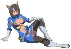 Rule 34 | 1girl, animal ears, baka guruo, black eyes, black hair, blue eyes, breasts, cave (developer), center opening, cleavage, elbow gloves, full body, gloves, hair between eyes, hair ornament, hand on own knee, highres, iggler (artist), katakuchi ikuo, knee up, large breasts, looking at viewer, muchi muchi pork, navel, open mouth, pig ears, pig girl, revealing clothes, short hair, sitting, solo, thighhighs, transparent background, white background, white gloves, zipper