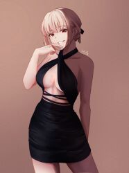 Rule 34 | 1girl, absurdres, alternate costume, alternate hairstyle, bare arms, black dress, black ribbon, blonde hair, breasts, chxoswolf, commentary, criss-cross halter, dress, english commentary, finger to mouth, hair bun, halterneck, highres, looking at viewer, lycoris recoil, medium breasts, nishikigi chisato, parted lips, red eyes, ribbon, short dress, short hair, sidelocks, signature, simple background, smile, solo