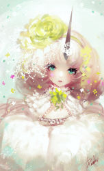 Rule 34 | 1girl, aqua eyes, bad id, bad pixiv id, danhu, flower, gradient background, hair flower, hair ornament, hairband, horns, long hair, looking at viewer, original, personification, pink lips, signature, single horn, solo, white hair