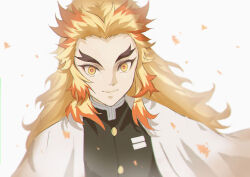 Rule 34 | 1boy, blonde hair, closed mouth, demon slayer uniform, haori, jacket, japanese clothes, kimetsu no yaiba, looking at viewer, male focus, multicolored hair, red hair, rengoku kyoujurou, simple background, smile, solo, streaked hair, thick eyebrows, touchika, upper body, white background