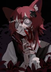 Rule 34 | 1other, animal ear fluff, animal ears, black nails, blood, blood on clothes, blood on face, blood on hands, bloody weapon, character request, commission, end80236189, fingernails, fingers to mouth, glasgow smile, highres, long fingernails, looking at viewer, nail polish, parted lips, red hair, scissors, sharp fingernails, shirt, stitches, very long fingernails, vest, weapon, wide-eyed