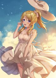 Rule 34 | 1girl, :d, ayase eli, blonde hair, blue sky, blush, bow, breasts, cleavage, cloud, collar, dress, floating hair, hair ornament, hair scrunchie, hat, hat bow, high ponytail, highres, kuroki (ma-na-tu), long hair, love live!, love live! school idol project, medium breasts, open mouth, parted bangs, rei no himo, ribbon, scrunchie, sidelocks, sky, sleeveless, sleeveless dress, smile, solo, standing, sun hat, sundress, swept bangs, white bow, white dress, white hat, white ribbon, white scrunchie, wind, wind lift