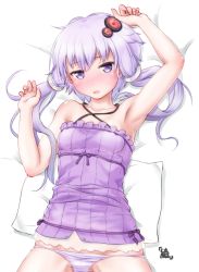 Rule 34 | 1girl, arm up, armpits, ayama yuiya, bare shoulders, blush, breasts, clothes lift, criss-cross halter, dress, dress lift, hair ornament, hairpin, halterneck, hand up, long hair, looking at viewer, lying, on back, open mouth, panties, purple dress, purple eyes, purple hair, purple panties, short hair with long locks, small breasts, solo, twintails, underwear, vocaloid, voiceroid, yuzuki yukari