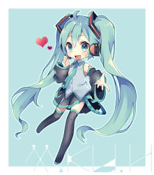 Rule 34 | 1girl, :d, ahoge, bare shoulders, black skirt, black sleeves, black thighhighs, blush, chibi, collared shirt, commentary request, detached sleeves, full body, green background, green eyes, green hair, grey shirt, hair between eyes, hair ornament, hand up, hatsune miku, headphones, headset, heart, long hair, long sleeves, looking at viewer, open mouth, outstretched arm, pleated skirt, shiomizu (swat), shirt, skirt, sleeveless, sleeveless shirt, smile, solo, thighhighs, twintails, two-tone background, very long hair, vocaloid, white background, wide sleeves