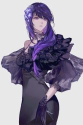 Rule 34 | 1girl, black dress, braid, breasts, character request, copyright request, dress, flower, front braid, gloves, hair flower, hair ornament, highres, lace collar, looking to the side, medium breasts, medium hair, mole, mole under eye, purple eyes, purple gloves, purple hair, shawl, single braid, solo, strap gap, to e, white background