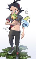 Rule 34 | 1boy, ajc, antenna hair, bad id, bad twitter id, black hair, black pants, blue eyes, clothes lift, commentary request, creatures (company), eyelashes, game freak, gen 8 pokemon, goh (pokemon), grass, grey shirt, grookey, highres, lifting own clothes, male focus, medium hair, navel, nintendo, pants, pokemon, pokemon (anime), pokemon (creature), pokemon journeys, red legwear, shirt, shirt lift, shoes, short sleeves, sobble, socks, standing, translation request, white background