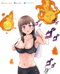 Rule 34 | 1girl, :o, abs, areola slip, black hair, blush, breasts, cleavage, cowboy shot, en&#039;en no shouboutai, fire, hair down, large breasts, long hair, looking at viewer, maki oze, midriff, no bra, open mouth, pants, purple eyes, simple background, solo, strap pull, sweat, syyn (syyndev), tank top, towel, white background