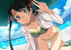 Rule 34 | 10s, 1girl, :o, alternate costume, beach, bikini, breasts, cleavage, commentary, day, green eyes, green hair, kantai collection, long hair, looking at viewer, mikuma (kancolle), navel, open mouth, outdoors, parasol, r-king, solo, swimsuit, twitter username, umbrella
