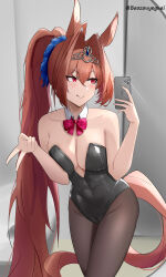 Rule 34 | 1girl, absurdres, alternate costume, alternate hairstyle, animal ears, baozouyeguai, bare shoulders, black leotard, black pantyhose, blush, bow, bowtie, breasts, cellphone, cleavage, closed mouth, commentary request, daiwa scarlet (umamusume), detached collar, gyaru v, hair between eyes, hair intakes, highleg, highleg leotard, highres, holding, holding phone, horse ears, horse girl, horse tail, indoors, large breasts, leotard, long hair, nontraditional playboy bunny, pantyhose, phone, ponytail, red bow, red bowtie, red hair, selfie, smartphone, smile, solo, tail, tiara, twitter username, umamusume, v, very long hair