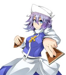 Rule 34 | 1girl, blue eyes, blush, breasts, card, hat, letty whiterock, looking at viewer, parody, purple hair, short hair, smile, solo, touhou, upper body, white background, yet you, yu-gi-oh!