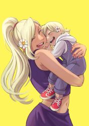 Rule 34 | 1boy, 1girl, ^ ^, absurdres, aged down, blonde hair, boruto: naruto next generations, carrying, child carry, closed eyes, closed mouth, commentary, english commentary, flower, hair flower, hair ornament, heads together, highres, hood, hood down, hoodie, hug, laughing, long hair, mother&#039;s day, mother and son, naruto (series), navel, open mouth, ponytail, purple shirt, purple skirt, shirt, shoes, skirt, sleeveless, sleeveless shirt, teeth, tongue, white hoodie, xmonday mintx, yamanaka ino, yamanaka inojin