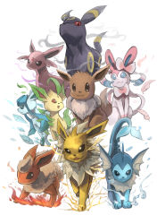 Rule 34 | ;d, ahoge, black eyes, blue eyes, brown eyes, creatures (company), eevee, electricity, espeon, evolutionary line, feathers, fire, fire, flareon, forehead jewel, game freak, gen 1 pokemon, gen 2 pokemon, gen 4 pokemon, gen 5 pokemon, gen 6 pokemon, glaceon, highres, ice, ico6, jolteon, leaf, leafeon, looking at viewer, nintendo, no humans, one eye closed, open mouth, pokemon, pokemon (creature), red eyes, smile, smoke, sylveon, umbreon, vaporeon, water, white background