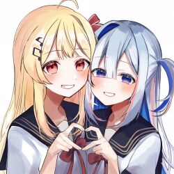 Rule 34 | 2girls, ahoge, alternate costume, amane kanata, asymmetrical bangs, asymmetrical hair, black sailor collar, blonde hair, blue hair, blush, bow, bowtie, colored inner hair, commentary request, fortissimo, grey hair, grin, hair between eyes, hair ornament, heart, heart hands, heart hands duo, highres, hololive, hololive dev is, long hair, looking at viewer, multicolored hair, multiple girls, musical note, musical note hair ornament, otonose kanade, purple eyes, red bow, red bowtie, red eyes, sailor collar, school uniform, shirt, sidelocks, simple background, single hair intake, smile, teeth, uekana9, upper body, virtual youtuber, white background, white shirt