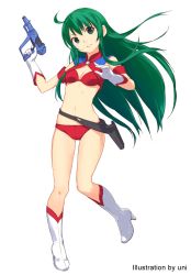 Rule 34 | 1girl, armband, artist name, bikini, boots, breasts, elevator action, full body, gloves, green eyes, green hair, gun, handgun, high heels, highres, holding, holding gun, holding weapon, holster, long hair, navel, non-web source, official art, parted lips, red bikini, reika (time gal), small breasts, smile, solo, swimsuit, taito, time gal, uni (plastic girl), weapon, white footwear, white gloves