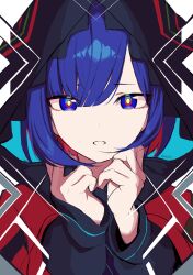 Rule 34 | 1girl, absurdres, black jacket, blue eyes, blue hair, colored inner hair, commentary, hands on own chin, hands up, highres, hood, hood up, hooded jacket, jacket, kamitsubaki studio, long sleeves, looking at viewer, multicolored clothes, multicolored eyes, multicolored hair, multicolored jacket, notcy4n, open mouth, portrait, red eyes, red hair, red jacket, rim (kamitsubaki studio), short hair, solo, swept bangs, twitter username, virtual youtuber, yellow pupils