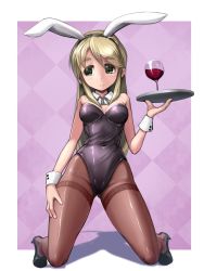 Rule 34 | 1girl, alcohol, animal ears, ascot, blonde hair, rabbit ears, playboy bunny, cup, detached collar, drinking glass, eyebrows, fake animal ears, green eyes, high heels, highres, kneeling, long hair, original, pantyhose, solo, thick eyebrows, thighband pantyhose, tray, wine, wine glass, wrist cuffs, you naka