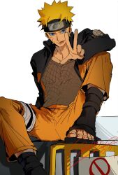 1boy :p arm_on_knee arm_up black_shirt blonde_hair blue_eyes collared_jacket commentary crew_neck facial_mark forehead_protector hashtag-only_commentary highres jacket joe_0602 knee_up konohagakure_symbol looking_at_viewer male_focus mesh naruto_(series) naruto_shippuuden no_entry_sign open_clothes open_jacket orange_pants pants popped_collar road_sign sandals shirt short_hair sign signature sitting spiked_hair tongue tongue_out uzumaki_naruto whisker_markings white_background