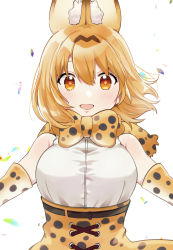 Rule 34 | 1girl, :d, animal ear fluff, animal ears, bare shoulders, bow, bowtie, breasts, brown eyes, commentary request, elbow gloves, eyebrows hidden by hair, gloves, highres, kemono friends, large breasts, light blush, light brown hair, looking at viewer, open mouth, serval (kemono friends), serval print, short hair, simple background, smile, solo, suicchonsuisui, traditional bowtie, upper body, white background