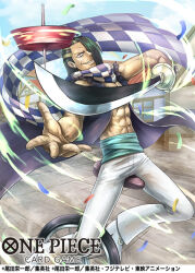 Rule 34 | 1boy, abs, cabaji, cloud, coat, commentary request, confetti, crost, grin, hair over one eye, holding, holding sword, holding weapon, long hair, looking at viewer, male focus, official art, one piece, one piece card game, pants, sash, scarf, sitting, sky, sleeveless, sleeveless coat, smile, solo, sword, unicycle, weapon, white footwear, white pants