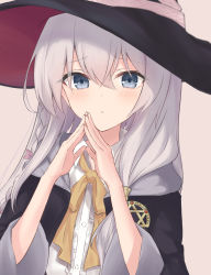 Rule 34 | 1girl, absurdres, black hat, black jacket, blue eyes, braid, brown background, closed mouth, elaina (majo no tabitabi), grey hair, hat, hexagram, highres, jacket, long hair, long sleeves, looking at viewer, majo no tabitabi, memo l3, own hands together, shirt, side braid, simple background, single braid, solo, upper body, white shirt, witch, witch hat