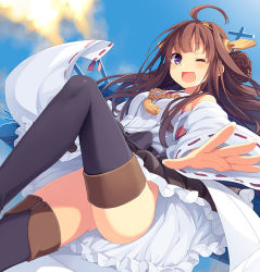 Rule 34 | 10s, 1girl, ;d, ahoge, bare shoulders, blush, boots, brown hair, detached sleeves, frilled skirt, frills, hairband, headgear, japanese clothes, kantai collection, kongou (kancolle), long hair, looking at viewer, md5 mismatch, nontraditional miko, one eye closed, open mouth, personification, purple eyes, ribbon-trimmed sleeves, ribbon trim, skirt, smile, solo, thigh boots, thighhighs, wide sleeves, wink, yashiro seika