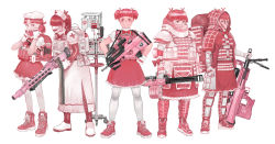 Rule 34 | 5girls, absurdres, ammunition belt, anti-materiel rifle, armored boots, assault rifle, backpack, bag, blood, blood bag, blunt bangs, bomb suit, boots, bow, bowtie, bulletproof vest, bullpup, catheter, commentary request, cross, elbow pads, explosive, facepaint, fn f2000, fn herstal, frilled skirt, frills, gatling gun, gepard gm6 lynx, gloves, grenade, gun, hair over eyes, hair ribbon, hands on own hips, hat, highres, hood, hood up, long skirt, looking at viewer, looking to the side, machine gun, mask, medium machine gun, mg42, military, minigun, modular weapon system, mouth mask, multiple girls, nurse cap, original, pantyhose, phone, pink theme, ponytail, pouch, puffy short sleeves, puffy sleeves, randoseru, red cross, red eyes, red hair, ribbon, rifle, rotary machine gun, semi-automatic firearm, semi-automatic rifle, shoes, short sleeves, skirt, smile, sneakers, sniper rifle, standing, sticker, surgical mask, tattoo, thighhighs, twintails, weapon, whistle, white background, white gloves, white legwear, yakitate acguy